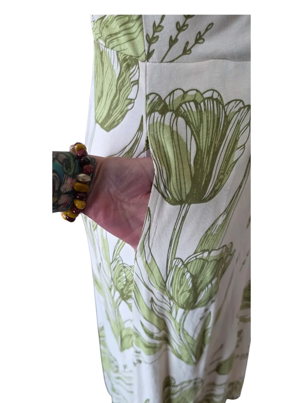 Organic Cotton Faux Wrap Dress Womens Size L Green Floral Midi Short Sleeve - Picture 5 of 9